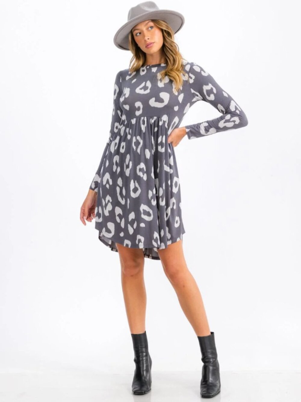 Animal Print Gray Flared Mini Dress Long Sleeve Pockets NWOT